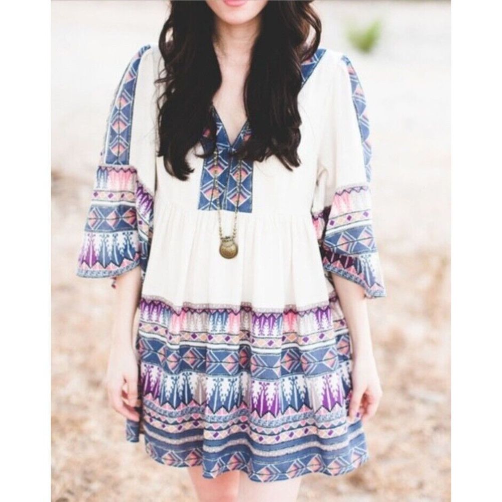 Free People Terra Nova boho blue purple print lined Tunic Mini Dress sz L